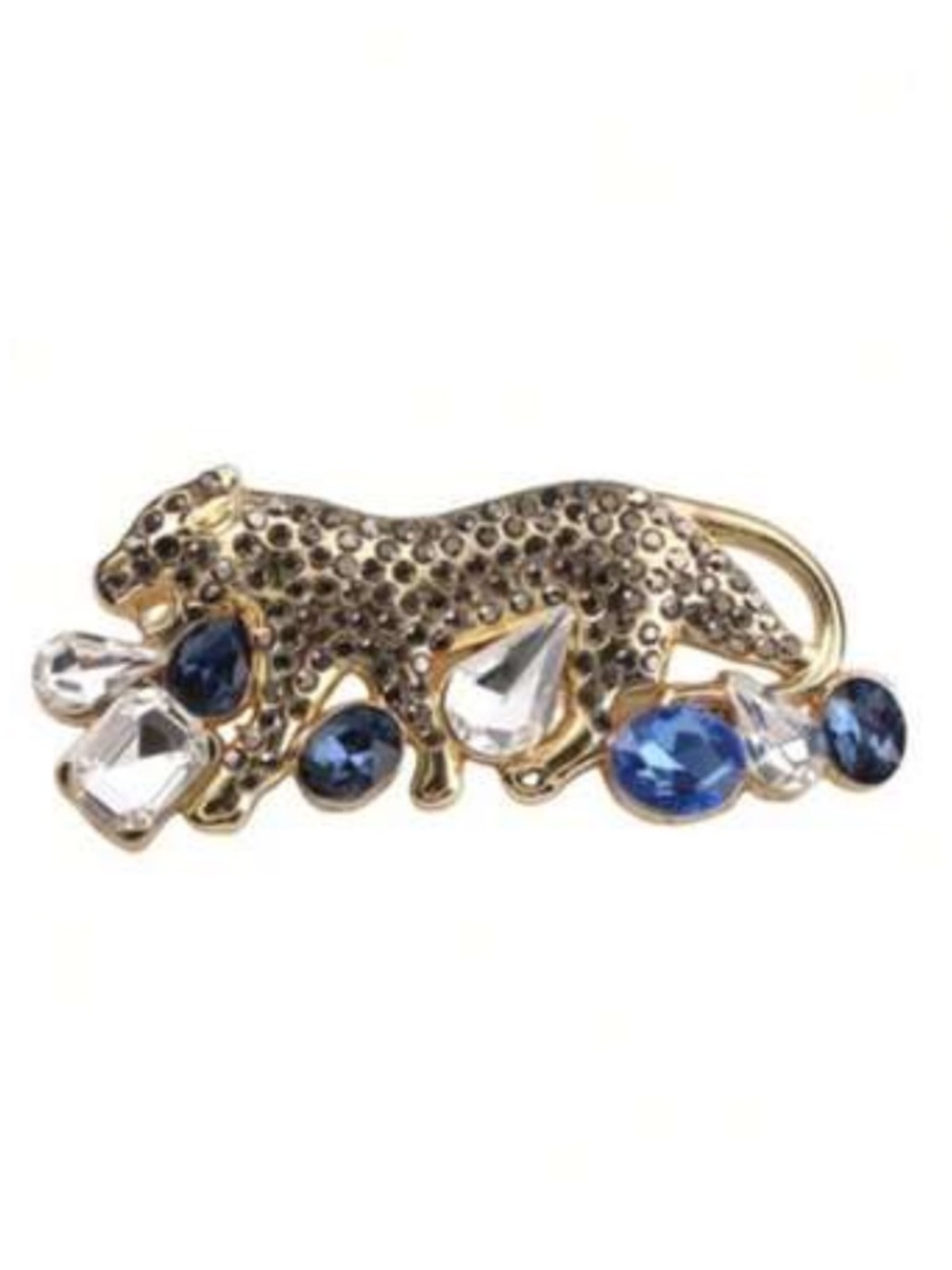 Gold Leopard Brooch with Blue and Clear Crystals